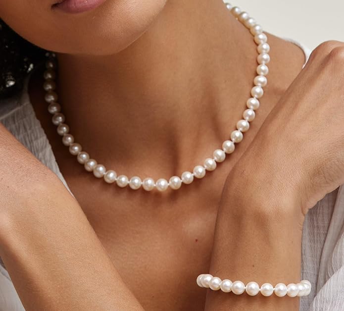 The Pearl Source Real Pearl Necklace for Women with AAA+ Quality Round White Freshwater Genuine Cultured Pearls | Pearl Strand with 14K Gold Plated Sterling Silver Clasp