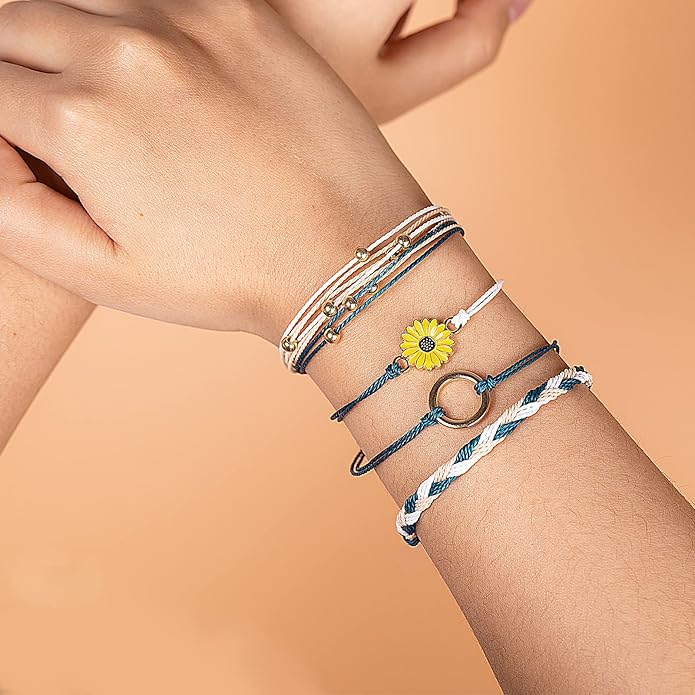 FANCY SHINY Sunflower String Bracelet Boho Braided Rope Wrap Bracelets Cute Summer Beach Surfer Jewelry for Women