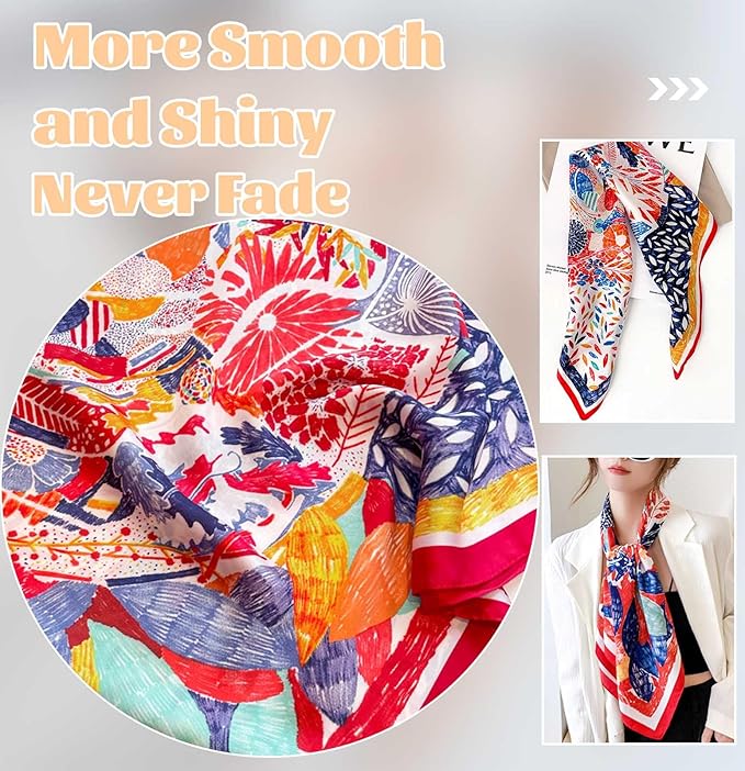 kcctoo 27.5" Mulberry Silk Feeling Head Scarf Women's Fashion Square Neck Satin Scarfs for Bag Hair Scarves Gift