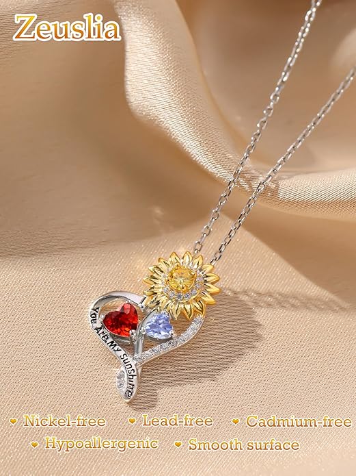 Zeuslia Double Birthstone Necklace Gifts for Wife - 925 Sterling Silver Sunflower/Rose/Crown Cross/Compass/Heart Pendant I Love You Necklace, Anniversary Birthday Gifts for Wife Girlfriend Mom Her