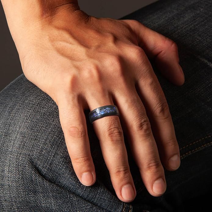 Men's 8mm Black/Gold Tungsten Carbide Wedding Ring Nebula Galaxy Wedding Promise Gold Foil Inlay Real Meteorite Matte Bevel Comfort Fit