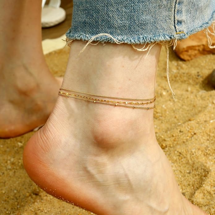 Gold Plated Ankle Bracelets For Women Waterproof,18k Gold Plated Anklets Layered Thin Snake Chain Herringbone Anklets Non Tarnish Stainless Steel Dainty Summer Jewelry Set Gift For Women