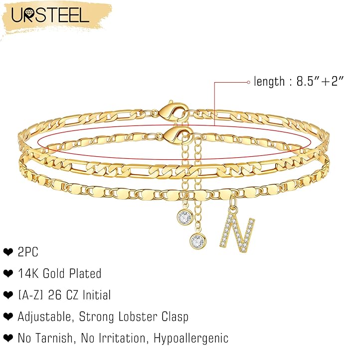 Ursteel Ankle Bracelets for Women, 14K-Gold-Plated Dainty Layered Chain CZ Initial Anklets Set Summer Jewelry Gifts for Women