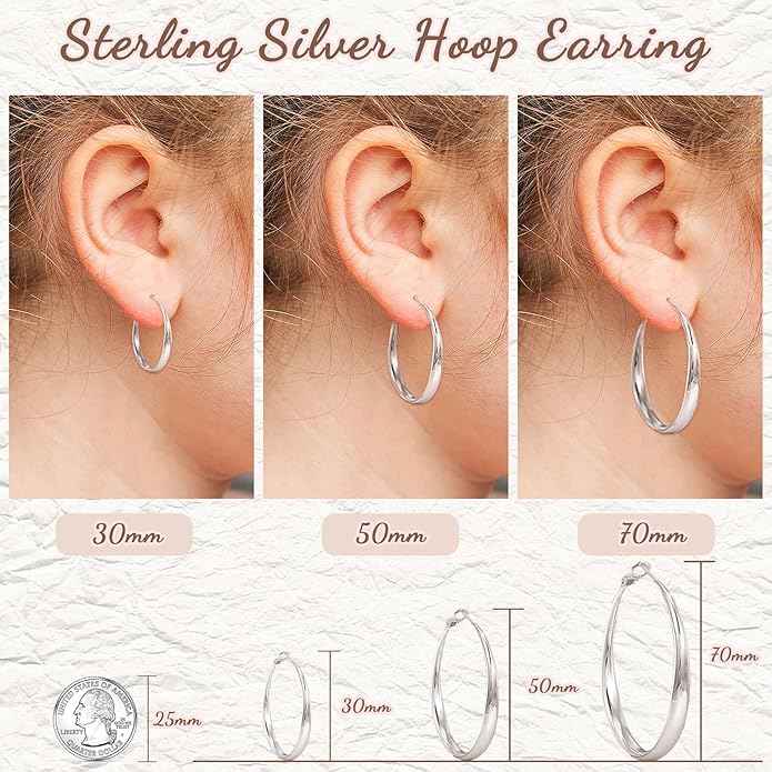 PABBEU S925 SterlingSilver Hoop Earrings Hypoallergenic Silver Hoop Earrings for Women Lightweight Large Sterling Silver Hoops Earring 30/50/70mm