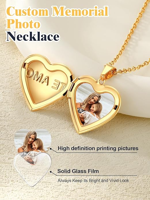 U7 Women Locket Necklace Platinum 14K Gold Photo Lockets that Hold Picture,Chain 20 Inch Personalized Gift Custom Love Heart Image Necklaces