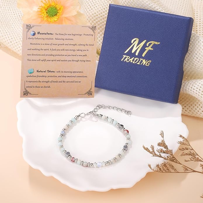 Moonstone Beaded Bracelet for Women - Calming & Empowering Healing Crystal Jewelry, Adjustable Chakra Balancing Gift for Mom, Sister, Daughter - Birthday Christmas