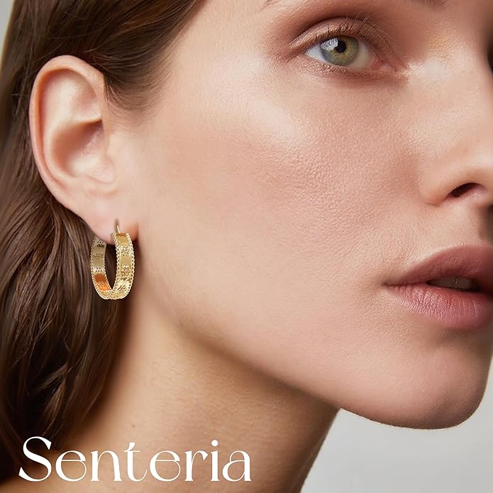 Senteria 8mm Wide 925 Sterling Silver Hoop Earrings for Women Hypoallergenic Chunky Silver Hoop Earrings with Flower Large Thick Hoops Earring Lightweight 14K Gold Plated Hoops for Women 25/30/40/50mm