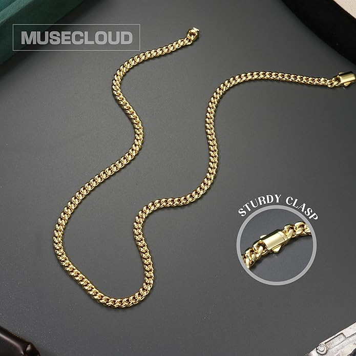 MUSECLOUD Gold Cuban Link Chain for Men Mens Stainless Steel Miami Curb Chains Necklace 5/8mm Thick Real Gold/Silver/Black Plated Diamond Cut Non-Tarnish Jewelry Trendy Christmas Gifts 18-26 Inch