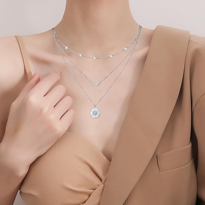 S925 Sterling Silver Layered Necklaces Multi 3 Layer Circle Bar Boho Long Triple Choker Pendant Necklace Jewerly Gift for Women