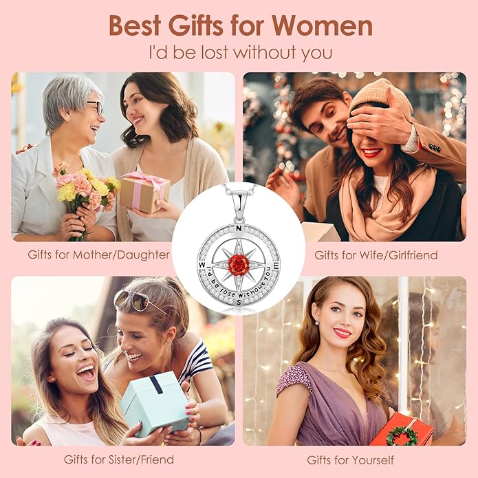 Zifeel Compass Necklace Gifts for Women wife - S925 Sterling Silver Birthstone Necklaces for Women - Anniversary Birthday Gifts for Her Wife Girlfriend - Valentines Mom Mothers Day Christmas Gifts Jewelry for Women
