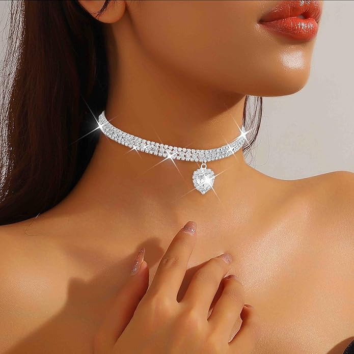 CLOACE Rhinestone Choker Necklace Heart Pendant Diamond Row Necklaces Sparkly Crystal Prom Chain Jewerly Accessories for Women