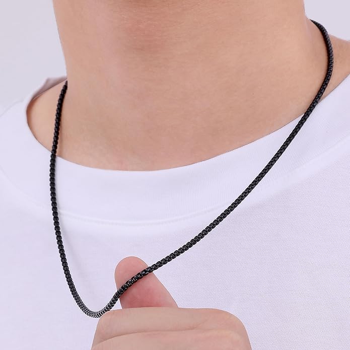 Fiusem Box Chain for Men, Silver Tone/14K Gold Plated/Black Stainless Steel Necklace for Men and Women, Width 2/2.5/3/4/5mm, Length 18-28 Inches