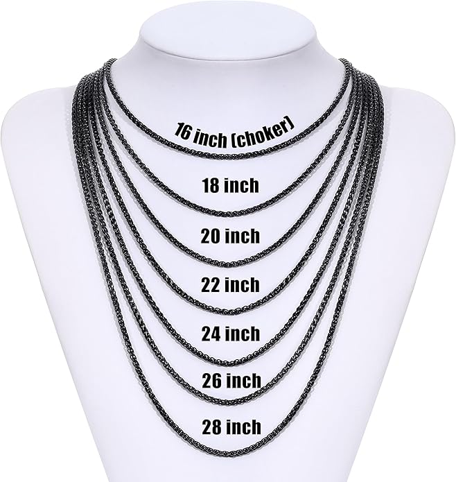 Fiusem Black Wheat Chains for Men and Women, 2/2.5/3/4/5mm Stainless Steel Necklace Chain, Mens Necklace Jewelry Gift 16-28 Inch