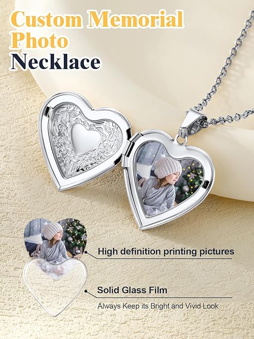 U7 Women Locket Necklace Platinum 14K Gold Photo Lockets that Hold Picture,Chain 20 Inch Personalized Gift Custom Love Heart Image Necklaces