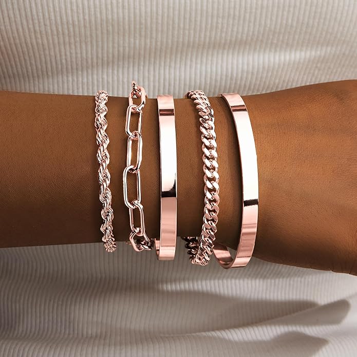 Gold Bracelets for Women Non Tarnish, 14K Gold Plated Chunky Cuff Bracelet Gold Bangles Bracelet for Women Trendy Tie Knot Cuban Rope Paperclip Beaded Bracelet Stack Jewelry Gifts