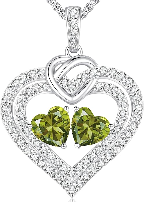LOUISA SECRET Sparkling Double Heart Birthstone Necklaces for Women, 925 Sterling Silver Fine Jewelry, Pendant Heart Necklaces Birthday Anniversary Christmas Gift for Women Wife Mom Girlfriend Lady