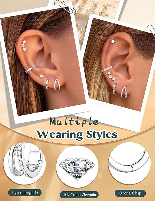 Florideco 925 Sterling Silver Earrings for Women Trendy Hypoallergenic Small Gold Hoop Earrings 14K Gold Plated Stud Earring Sets for Multiple Piercing CZ Ear Cuff Cartilage Earring Stacks