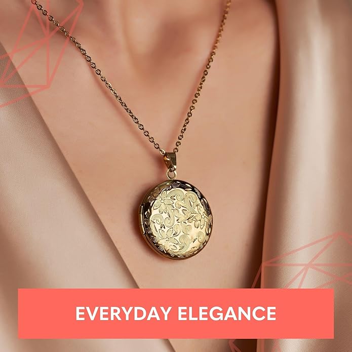 Locket Necklace for Women Girls, 18” Jewelry Chain, Picture Photo Inside, Cadenas para mujer, Personalized Custom Name Gold Locket, Customized Couples Locket, Silver, Rose Gold, Gold