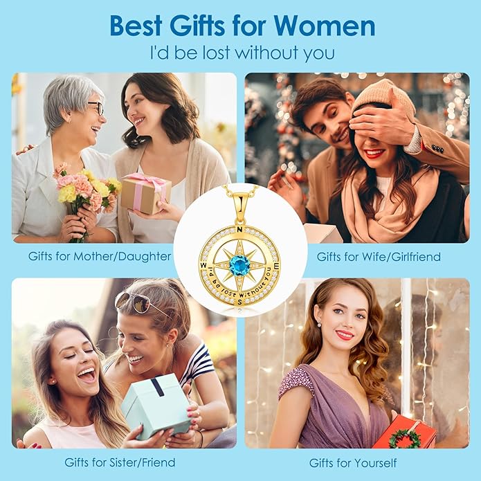 Zifeel Compass Necklace Gifts for Women wife - S925 Sterling Silver Birthstone Necklaces for Women - Anniversary Birthday Gifts for Her Wife Girlfriend - Valentines Mom Mothers Day Christmas Gifts Jewelry for Women