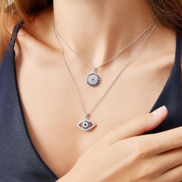 Evil Eye Necklace Layered Necklaces for Women, 2Pcs 18K Gold Plated Dainty Evil Eye Choker Pendant Necklace Handmade Evil Eye Jewelry Protection Gifts