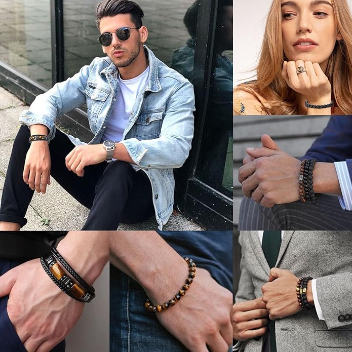 Mens Bracelet Set Black Leather Bracelets for Men Tiger Eye Bracelet 6mm 8mm Lava Rock Beaded Bracelets Adjustable Stretech