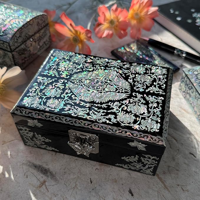 Nacreh Mother of Pearl Korea Traditional Arabesque Jewelry Ring Necklace Mini Trinket Wooden Box - Inlay with Sea Shell Gifts for Women