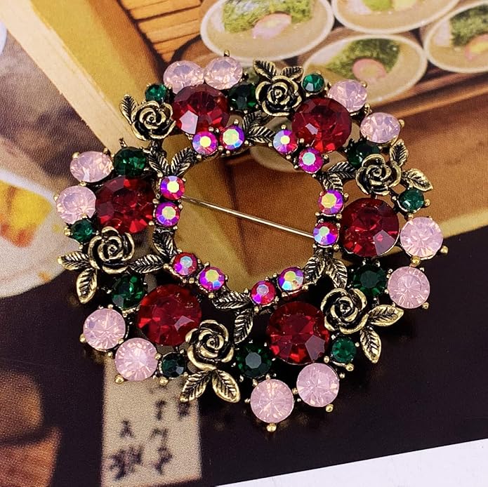 SELOVO Rose Flower Red Brooch Rhinestone Lover Brooch Pin