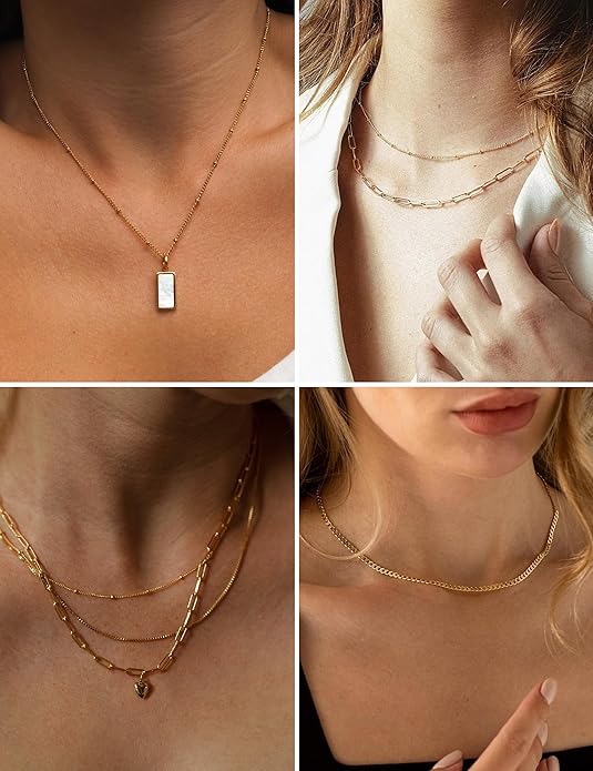 AILPIWE Layered Gold Necklaces for Women, 18K Gold Plated Dainty Paperclip Box Cuban Satellite Chain Necklace Set, Simple Gold Necklace Stack for Women
