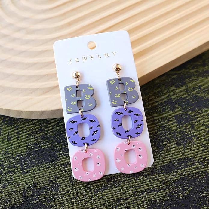 Halloween BOO Ghost Skull Earrings for Women, Gothic Dark Bat Dangle Earrings,Retro Acrylic Cute Lightweight Drop Dangle Earring Jewelry Gifts, Holiday Festive Cosplay Party Decorations Accessories