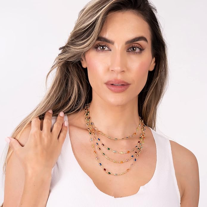 Barzel 18K Gold Plated Multicolor Stone Crystal Oval Necklace for Women - Made In Brazil