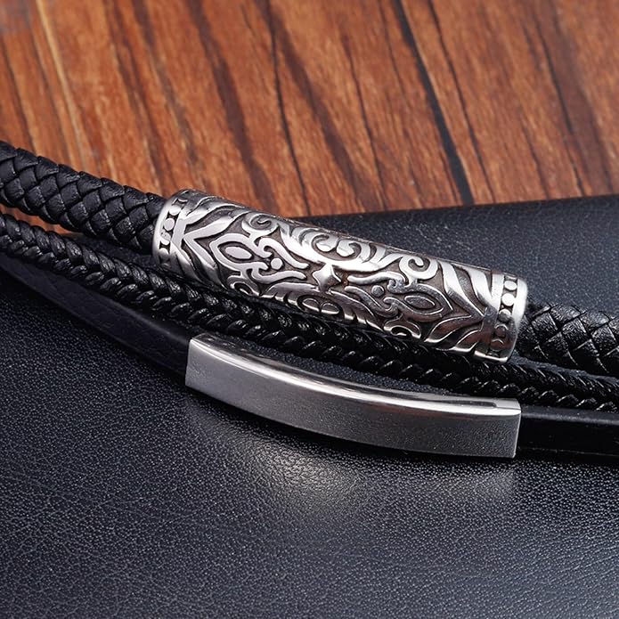 Italian Handmade Genuine Leather Bracelets for Men Stainless Steel Clip, Men's Casual Genuine Multi-layer Cuff Bracelet, Bracelet Gift for Real Men