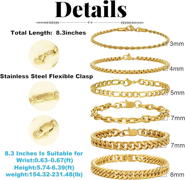 XIANNVXI 6pcs Stainless Steel Bracelets for Men Women Silver/Gold/Black Cuban Link Rope Paperclip Chain Bracelets Set 6.5/7/7.5/8.3/9 Inches Metal Bracelet Mens Fashion Accessories Jewelry Set