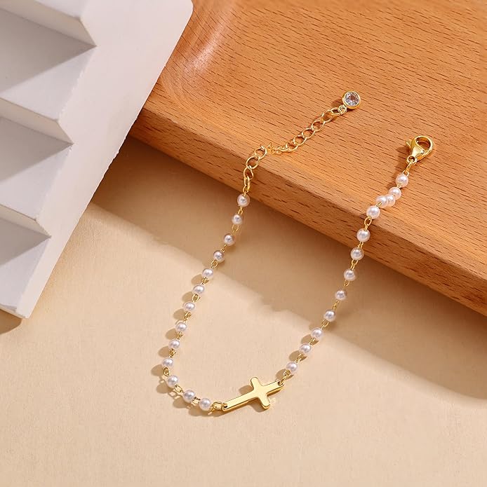 Moodear Christmas Gifts Sotcking Stuffers, Dainty 925 Sterling Silver/14k Gold Plated CZ Cross Bracelet Layered Snake Pearl Chain Knot Bracelets for Women Trendy Religious Christian Jewelry