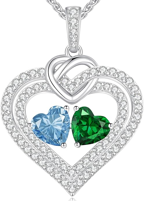 LOUISA SECRET Sparkling Double Heart Birthstone Necklaces for Women, 925 Sterling Silver Fine Jewelry, Pendant Heart Necklaces Birthday Anniversary Christmas Gift for Women Wife Mom Girlfriend Lady