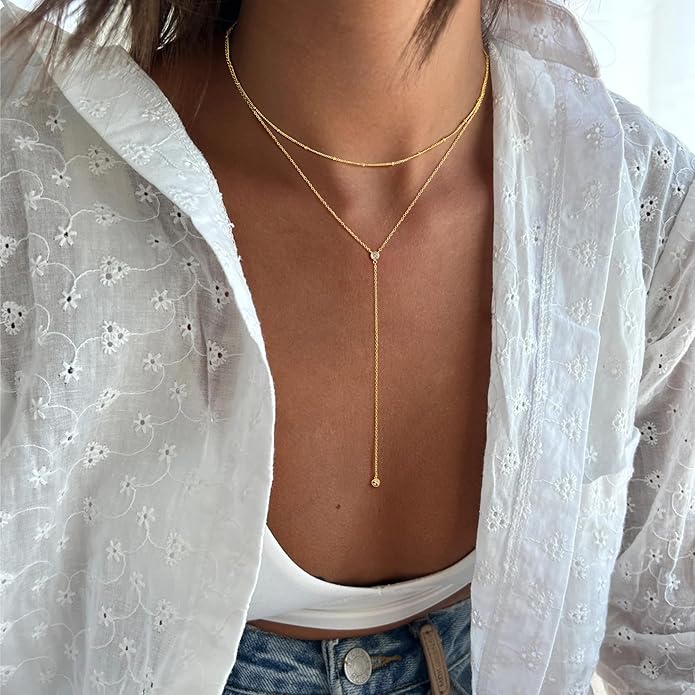 M MOOHAM Gold Lariat Necklace for Women - Dainty 14K Gold Plated Y-Shaped Long Drop Necklace Pearl Cross Clover Butterfly Cubic Zirconia Charm Layered Necklaces for Women Simple Jewelry Gifts