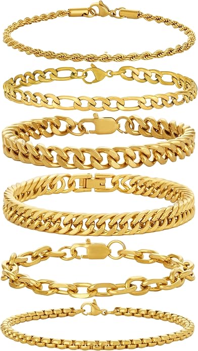 XIANNVXI 6pcs Stainless Steel Bracelets for Men Women Silver/Gold/Black Cuban Link Rope Paperclip Chain Bracelets Set 6.5/7/7.5/8.3/9 Inches Metal Bracelet Mens Fashion Accessories Jewelry Set