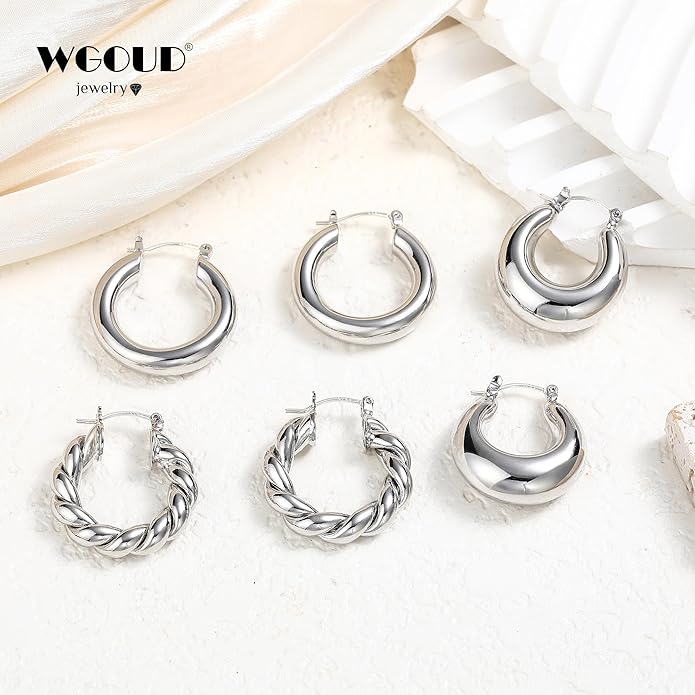 WGOUD 3Pairs 14K Gold Plated Chunky Hoop Earrings Set for Women, Trendy Hoop Earring 925 Sterling Silver Post - Hypoallergenic Thick Lightweight Twisted Hoops Dainty Gold Earrings for Women Jewelry Gifts