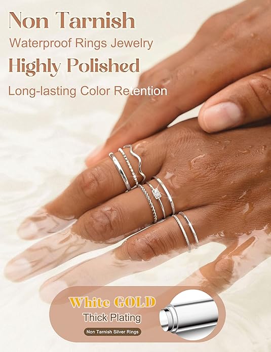 THUNARAZ 8Pcs Stackable Rings for Women Non Tarnish 14K Gold Plated Stainless Steel Dainty Rings Set Minimalist Thin Thumb Ring Cubic Zirconia Wave Statement Ring Bands for Women Size 5-10