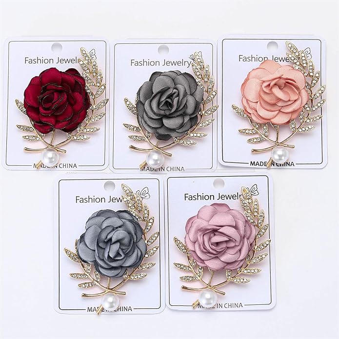 Rose Brooch for Women,Dainty Satin Fabric Flower Lapel Pins Vintage Elegant Pearl Brooches Handmade Crystal Pearl Pins Silk Camellia Safety Collar Pin Dress Suit Accessories Wedding Bridal Bouquet Jewelry