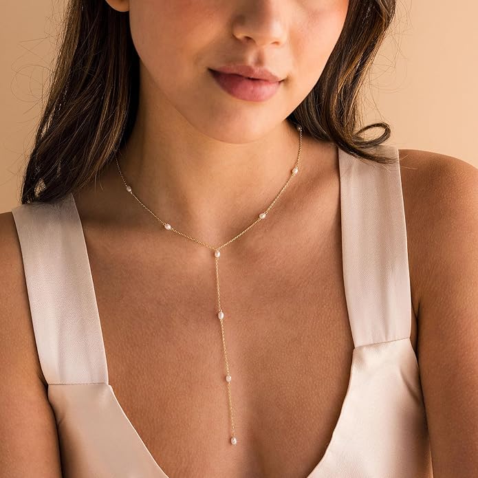 Gold Necklace for Women, Dainty Gold Long Necklaces 14k Gold Plated Prom Bar CZ Lariat Necklace Simple Choker Necklaces for Women Trendy Boho Fashion Costume Jewelry Womens