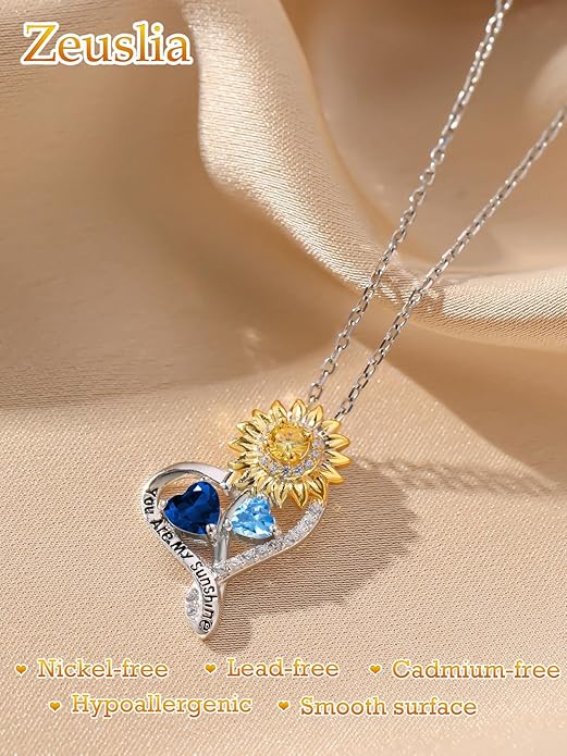 Zeuslia Double Birthstone Necklace Gifts for Wife - 925 Sterling Silver Sunflower/Rose/Crown Cross/Compass/Heart Pendant I Love You Necklace, Anniversary Birthday Gifts for Wife Girlfriend Mom Her