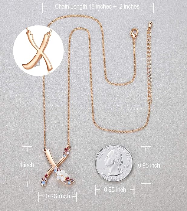 Flower Initial Letter Necklace Pink Red Blue Simulated Pearl Pendant Name Jewelry Made with Austrian Crystals Rose Gold Plated Anniversary Birthday Gifts for Women,18"+2"