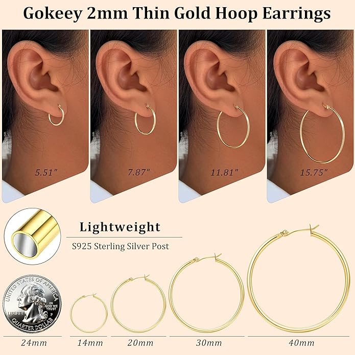 Gold Hoop Earrings Set for Women,14k Gold Plated Gold Hoops with Sterling Silver Post Hypoallergenic Thin Hoop Gold Earrings for Girls Trendy Jewelry Gifts