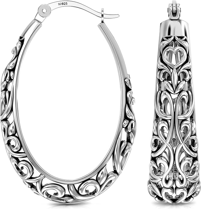 LeCalla 925 Sterling Silver Hoop Earrings | Women's Filigree Hoop Earrings | Openwork Mesh Filigree Cut Earring | Lightweight & Hypoallergenic Vintage Hoop Earrings for Women