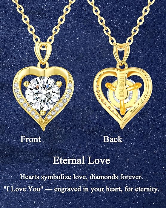 Moissanite Heart Necklace for Women,1-2 Carat Moissanite Pendant Necklace Engraved with 'I LOVE YOU,Birthday Gifts for Women,Mom, Girlfriend, Jewelry Gifts for Christmas Valentine's Day