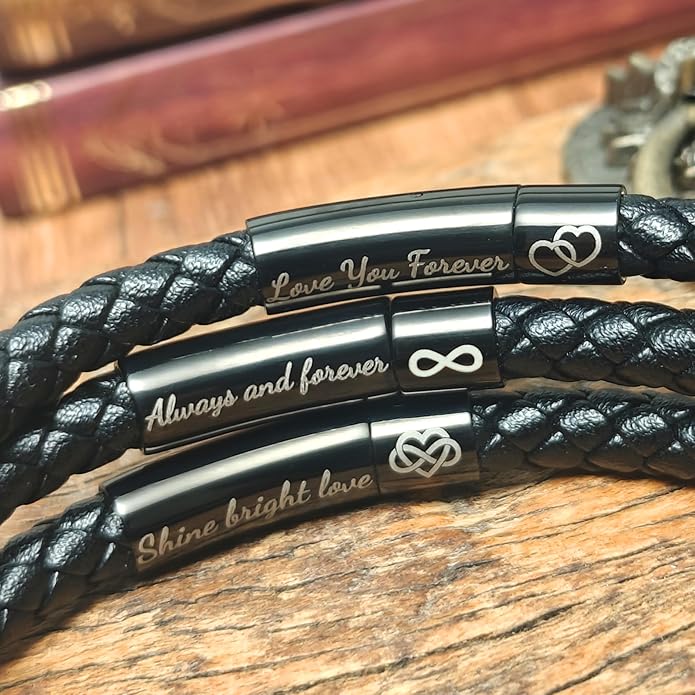 To My Man, Personalized Dual Name Infinity Leather Bracelet, Custom Name Text and Symbol Stainless Steel Braided Bracelet for Men/Women, for Xmas, Birthday, Anniversary, Valentine