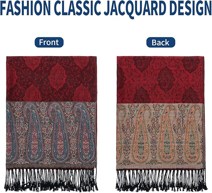 QIUTIMIY Paisley Pashmina Shawl Wrap Women Reversible Vintage Jacquard Pashmina Rave Scarf with Fringe for Evening, Wedding