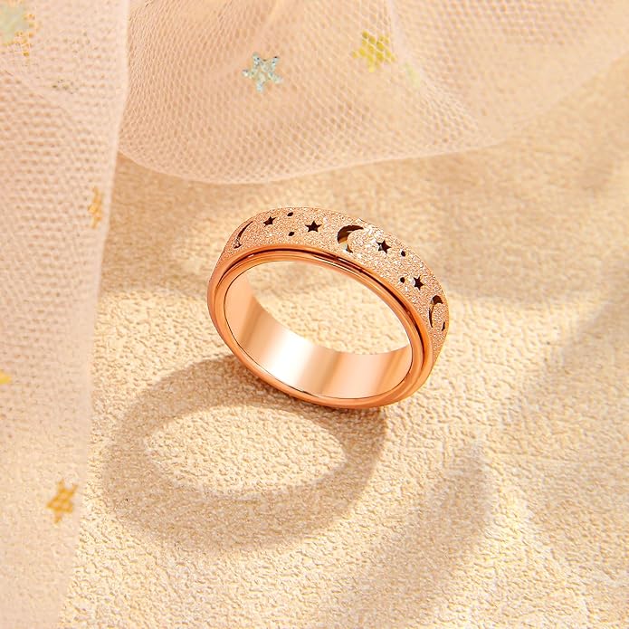 AmorArtSky Anxiety Ring for Women Men, Titanium Stainless Steel Spinner Ring, 5 Colors, 6MM, Size 6-10, 3 Styles Anxiety Ring-Moon Star, Sandblasted Finished, Hollow Outer