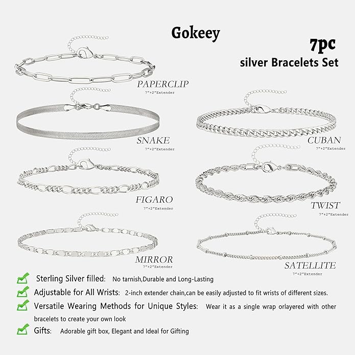 7PCS 14K Gold Plated Bracelets Sets for Women，Dainty Fashion Layered Cuban Link Chain Herringbone Paperclip Chain Bracelets Stack，Trendy Simple Stackable Gold Silver Bracelets Jewelry Gifts