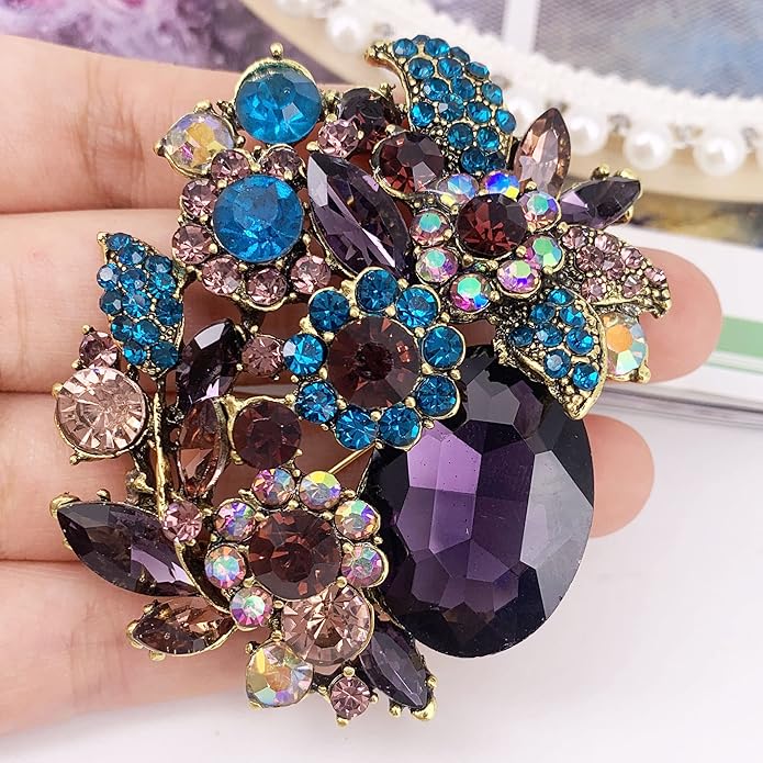 SELOVO Rhinestone Glitter Flower Brooch Pin Jewelry Scarf Accessory Vintage Gold Tone